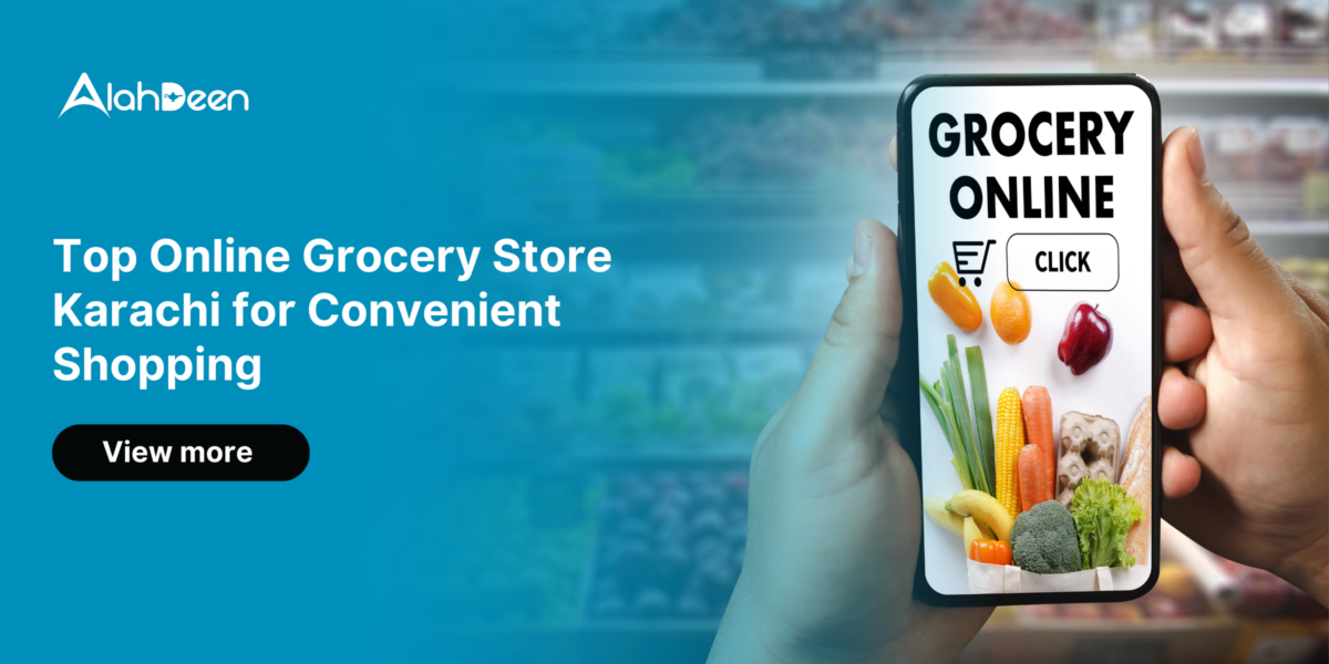 Hands holding a smartphone with grocery items displayed for online shopping in Karachi.