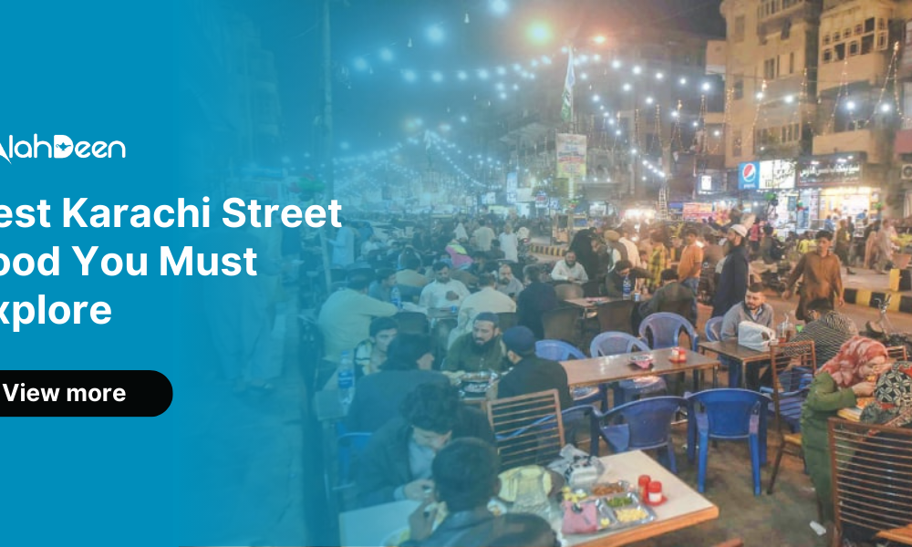 Crowded Karachi street food market with people enjoying outdoor dining.