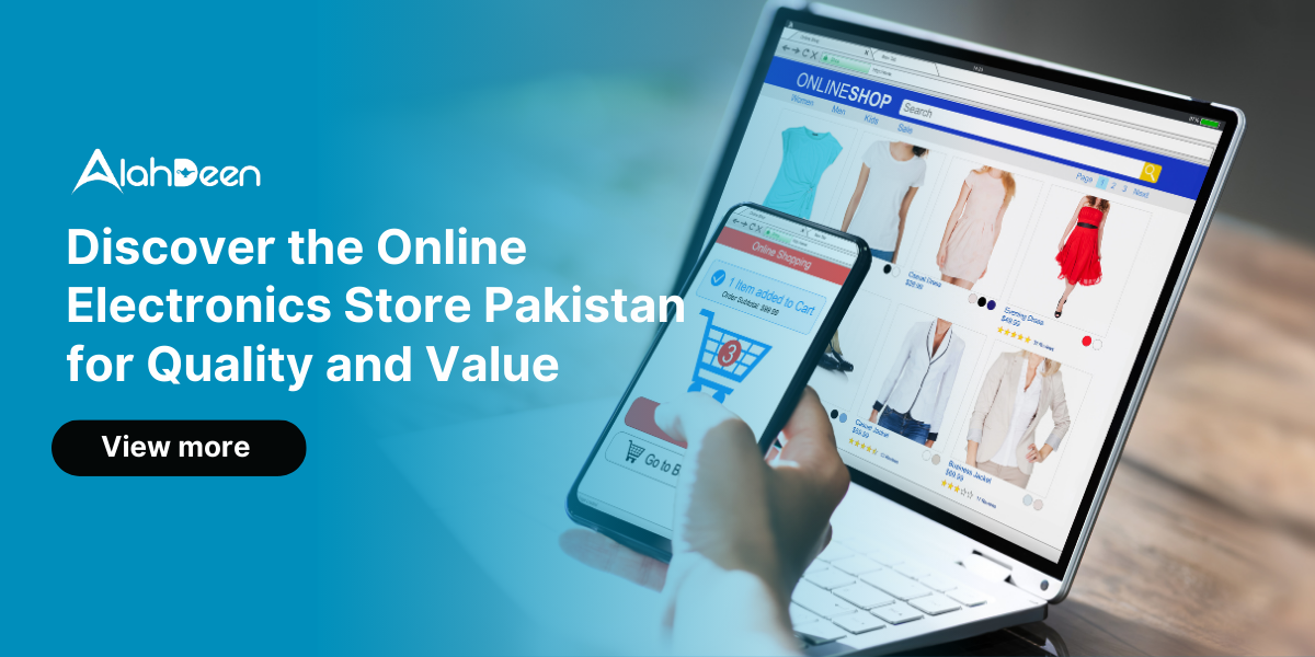 Online electronics store on a laptop and smartphone screen showing product options.