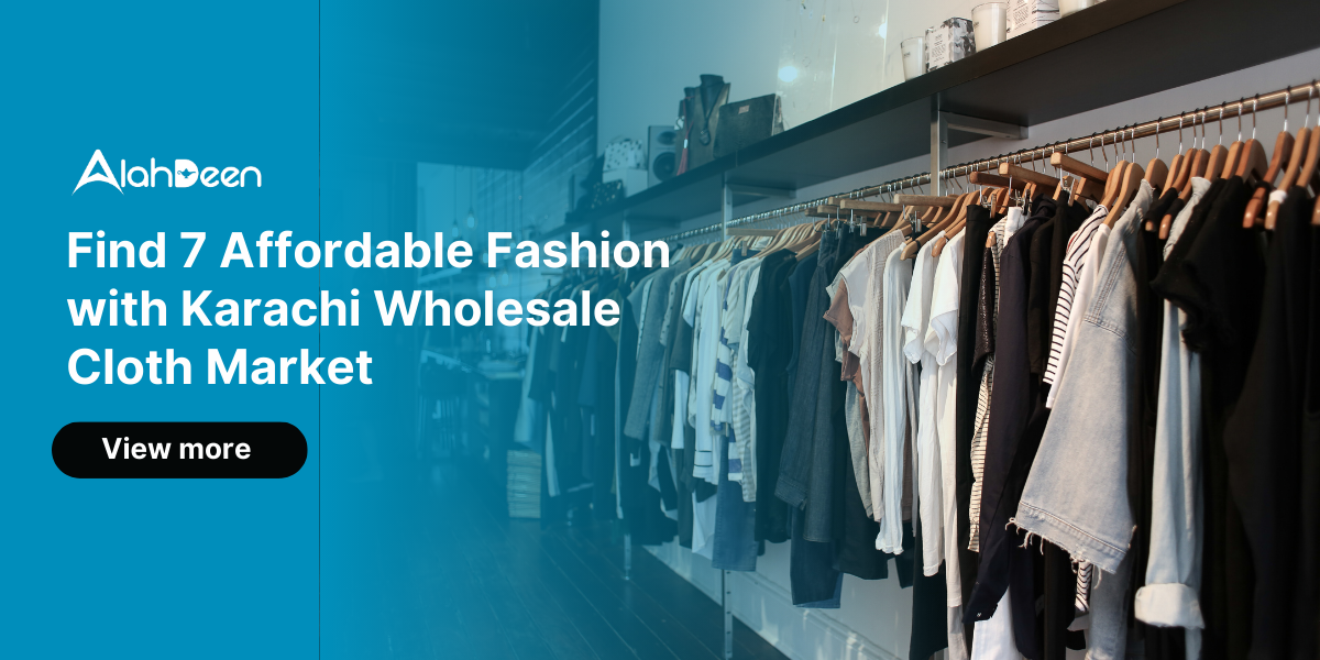 Rows of hanging clothes in a Karachi wholesale market.