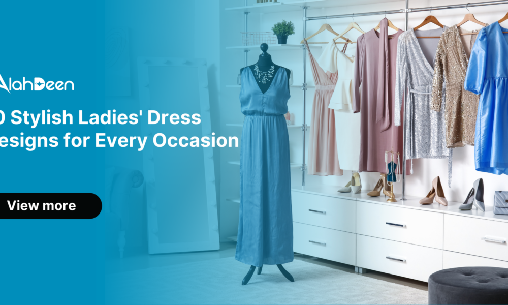 Mannequin wearing a blue dress surrounded by other stylish dresses and accessories in a clothing store. | Ladies Dress