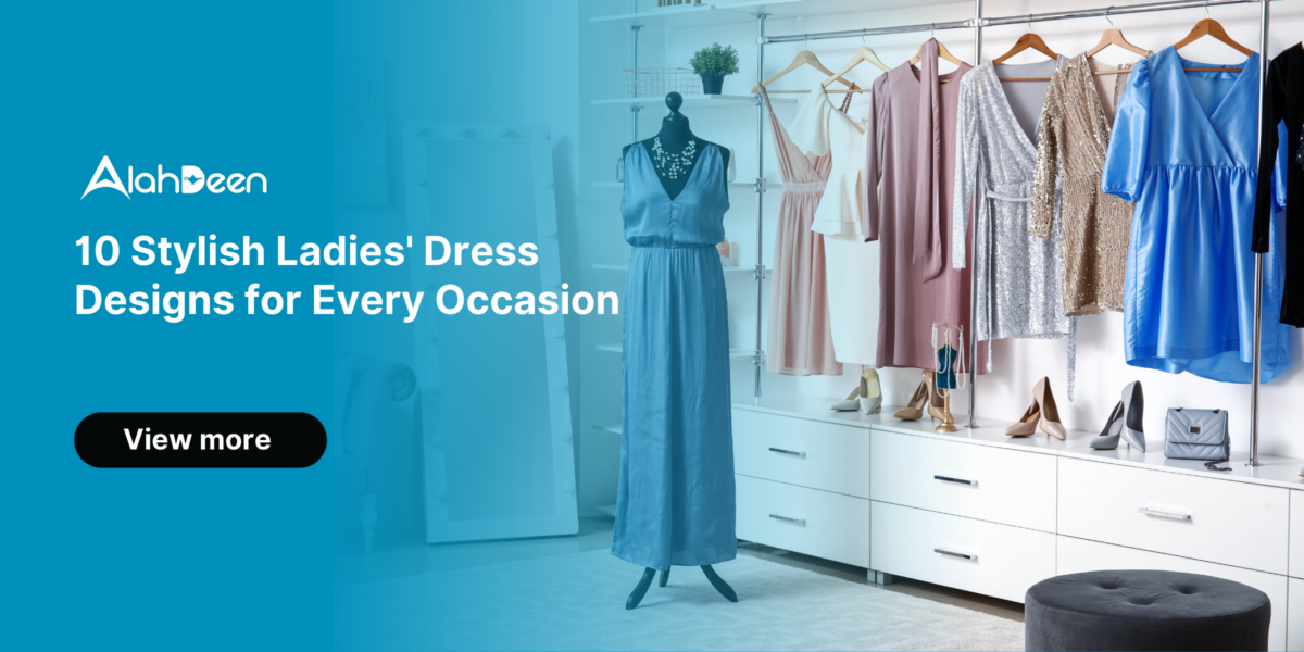 Mannequin wearing a blue dress surrounded by other stylish dresses and accessories in a clothing store. | Ladies Dress