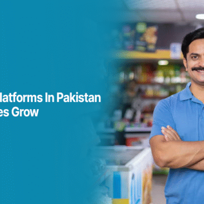 Pakistani shopkeeper standing confidently in a store with a caption about B2B platforms in 2025