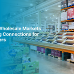 Interior of a wholesale market with shelves stocked with goods and products.