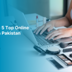 Person typing on a laptop with makeup items like brushes, lipsticks, and eye shadow palettes on the desk - Alahdeen logo with text 'What are the 5 Top Online Cosmetics in Pakistan' and 'View More' button.