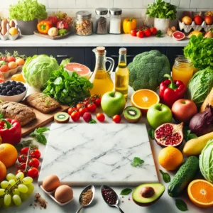 Fresh fruits and vegetables on a kitchen counter. Wholesale Distributor in Pakistan