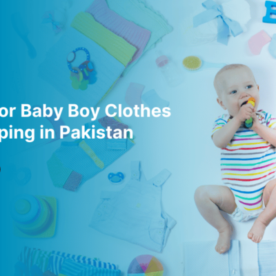 Baby boy clothes surrounded by colorful baby clothes and toys for online shopping in Pakistan