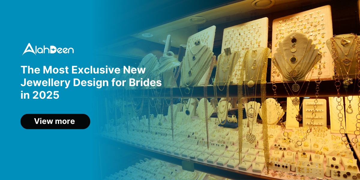 Display of exclusive bridal new jewelry designs in 2024, showcasing necklaces, earrings, and rings with Alahdeen logo. pet shops in pakistan new jewellery design