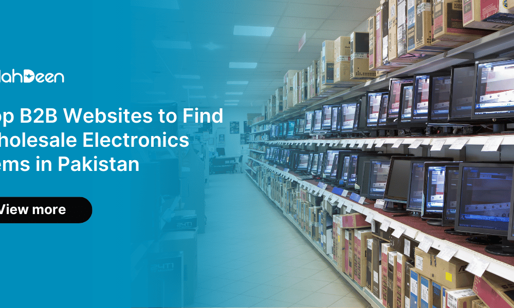 Wholesale electronics marketplace in Pakistan showcasing monitors and electronic items on shelves. B2B wholesale electronics Pakistan