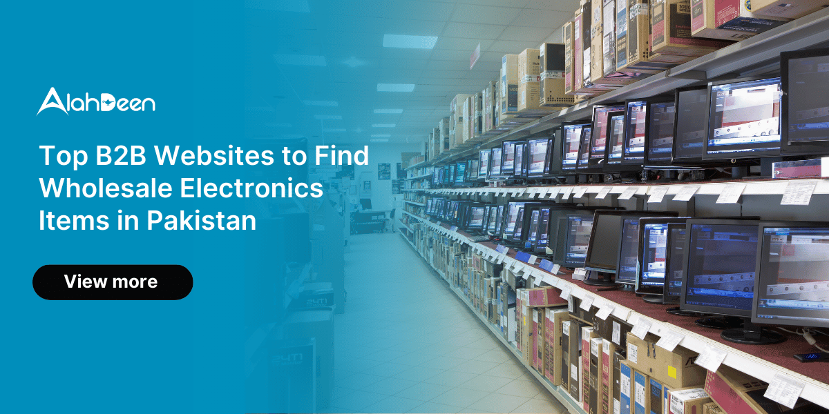 Wholesale electronics marketplace in Pakistan showcasing monitors and electronic items on shelves. B2B wholesale electronics Pakistan