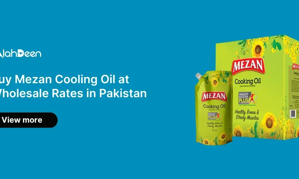 Mezan cooking oil packaging with Alahdeen's B2B platform promotion for wholesale bulk purchasing and direct supplier chat.