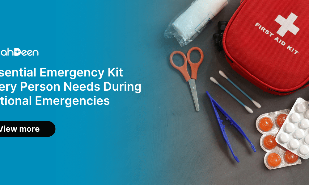 Flat lay of an emergency first aid kit featuring scissors, pills, cotton swabs, gloves, and a red bag labeled "First Aid Kit," promoting safety preparedness during national emergencies.