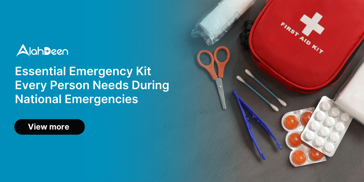 Flat lay of an emergency first aid kit featuring scissors, pills, cotton swabs, gloves, and a red bag labeled "First Aid Kit," promoting safety preparedness during national emergencies.