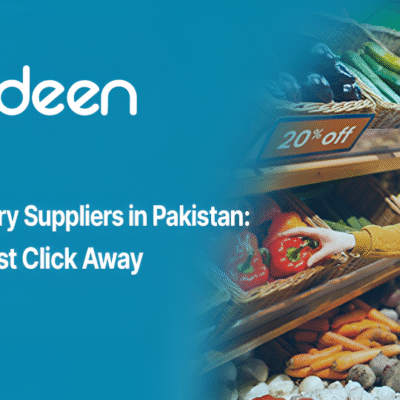 Woman shopping for fresh vegetables with text highlighting Alahdeen's top 7 grocery suppliers in Pakistan