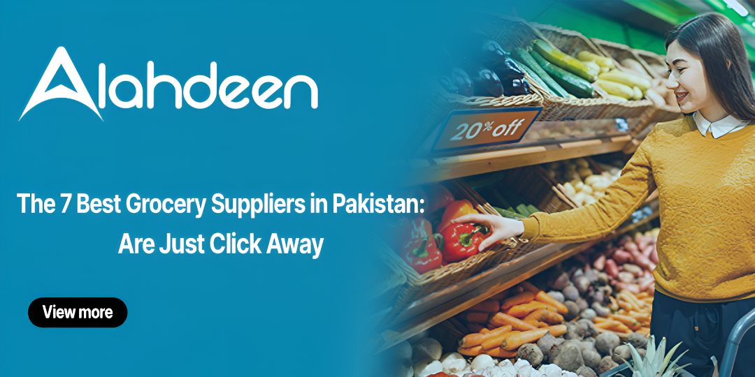 Woman shopping for fresh vegetables with text highlighting Alahdeen's top 7 grocery suppliers in Pakistan