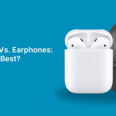 Comparison visual of wireless earphones (AirPods) and over-ear headphones with the text "Headphones Vs. Earphones: Which One is Best?" and a “View more” button, featured by Alahdeen.