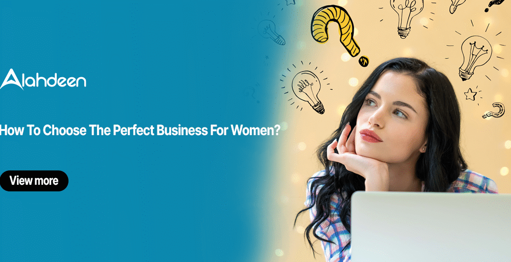 Woman thinking about business ideas with illustrations of lightbulbs and question marks, promoting Alahdeen's guide on how to choose the perfect business for women.