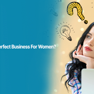 Woman thinking about business ideas with illustrations of lightbulbs and question marks, promoting Alahdeen's guide on how to choose the perfect business for women.