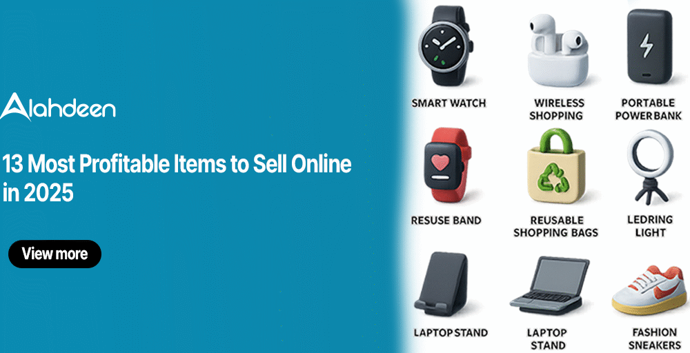Illustration showing 13 most profitable items to sell online in 2025, including smartwatch, wireless earbuds, power bank, reusable shopping bags, LED ring light, laptop accessories, and fashion sneakers.