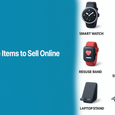 Illustration showing 13 most profitable items to sell online in 2025, including smartwatch, wireless earbuds, power bank, reusable shopping bags, LED ring light, laptop accessories, and fashion sneakers.