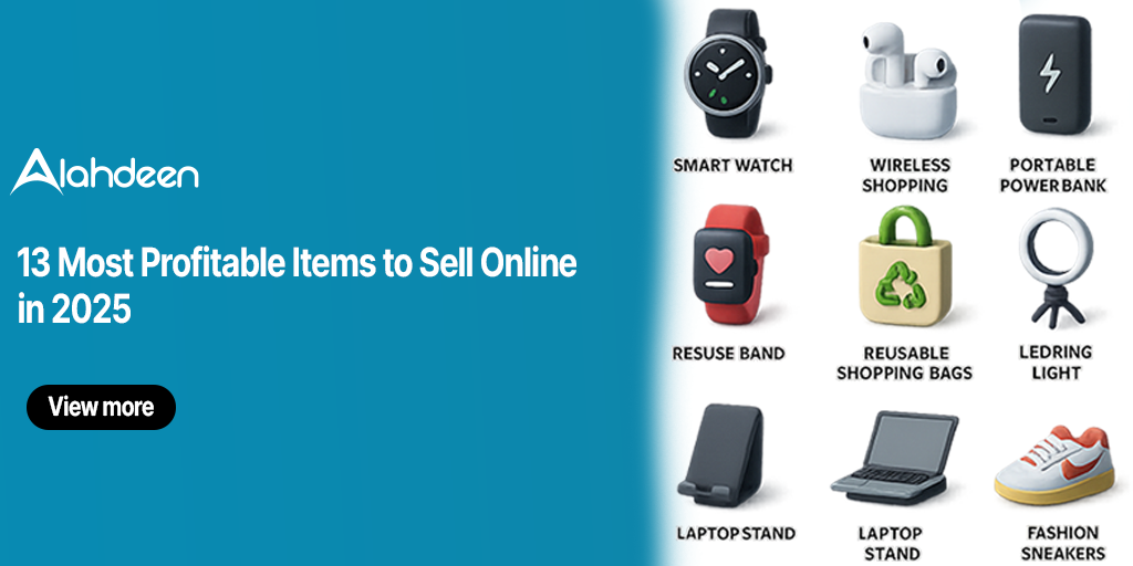 Illustration showing 13 most profitable items to sell online in 2025, including smartwatch, wireless earbuds, power bank, reusable shopping bags, LED ring light, laptop accessories, and fashion sneakers.