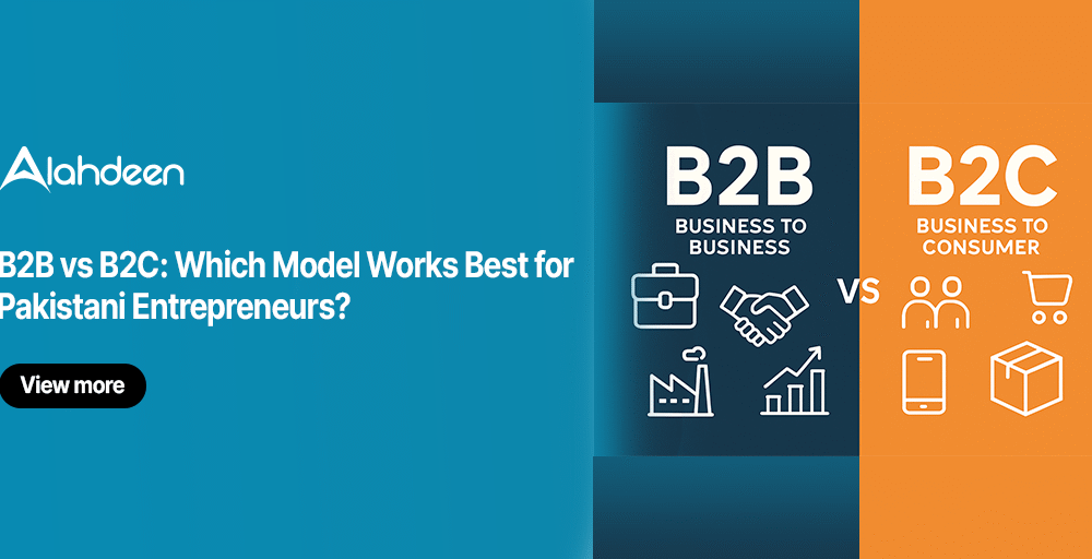 Side-by-side infographic comparing B2B (Business to Business) and B2C (Business to Consumer) models, showing icons for industry, handshake, growth, mobile, consumer, and shopping cart, with Alahdeen branding and CTA.