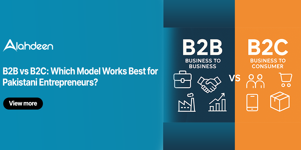 Side-by-side infographic comparing B2B (Business to Business) and B2C (Business to Consumer) models, showing icons for industry, handshake, growth, mobile, consumer, and shopping cart, with Alahdeen branding and CTA.