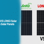 Comparison image of Jinko, LONGi, and Canadian Solar panels with Alahdeen branding