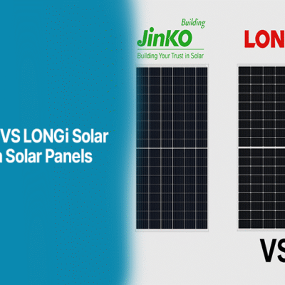 Comparison image of Jinko, LONGi, and Canadian Solar panels with Alahdeen branding