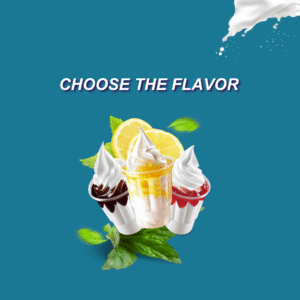 Three soft-serve ice cream sundaes with chocolate, mango, and strawberry toppings placed in front of mint leaves and lemon slices on a blue background, with "Choose the Flavor" text above.