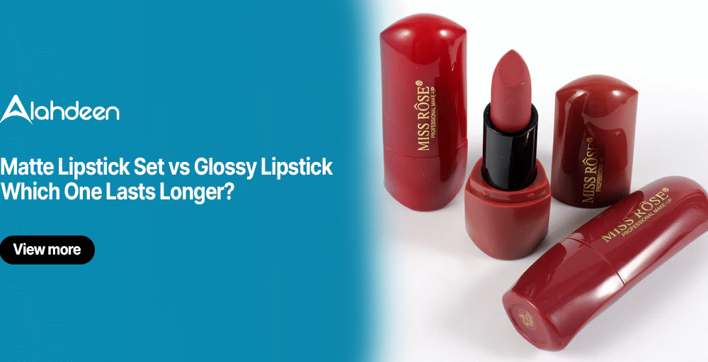 Matte lipstick set in red casing beside glossy lipstick – Alahdeen beauty blog cover.