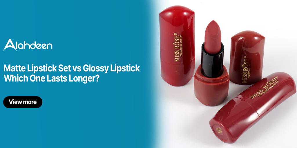 Matte lipstick set in red casing beside glossy lipstick – Alahdeen beauty blog cover.