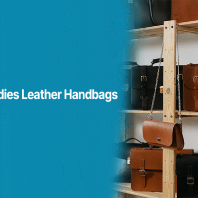 Display of ladies leather handbags in black and brown shades on wooden shelves, featured in a promotional banner by Alahdeen.