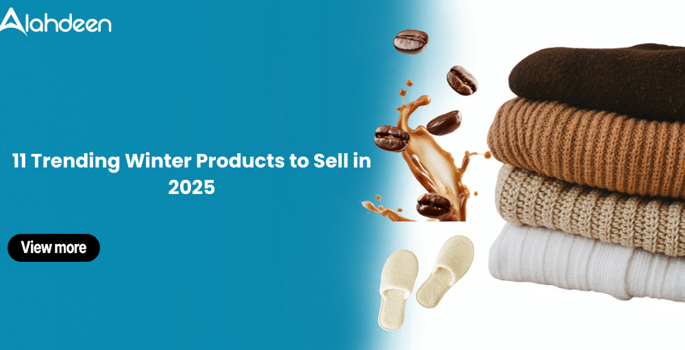 Trending winter products to sell in 2025 including sweaters, slippers, and hot beverages.