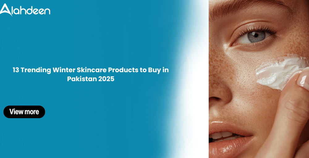 Woman applying moisturizer on her face with text promoting 13 trending winter skincare products to buy in Pakistan 2025.