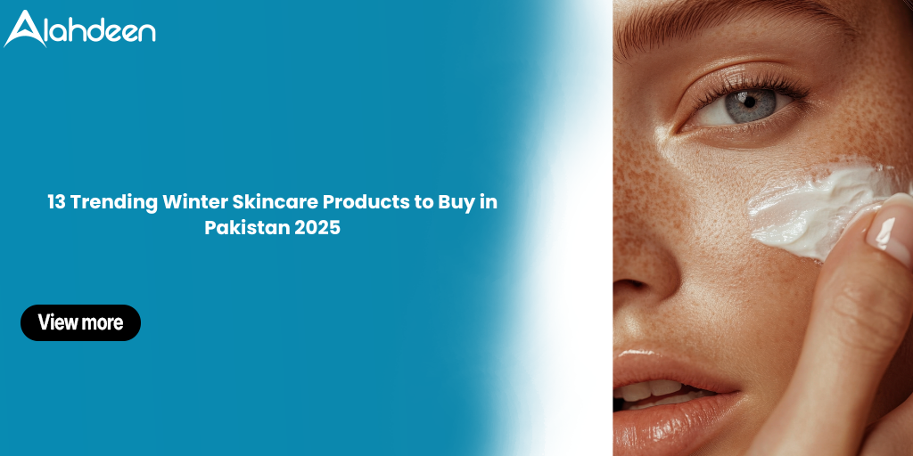 Woman applying moisturizer on her face with text promoting 13 trending winter skincare products to buy in Pakistan 2025.