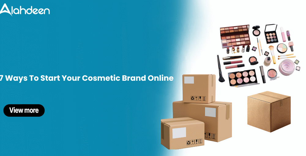 Guide to starting a cosmetic brand online with product packaging boxes and makeup essentials displayed.