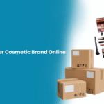 Guide to starting a cosmetic brand online with product packaging boxes and makeup essentials displayed.