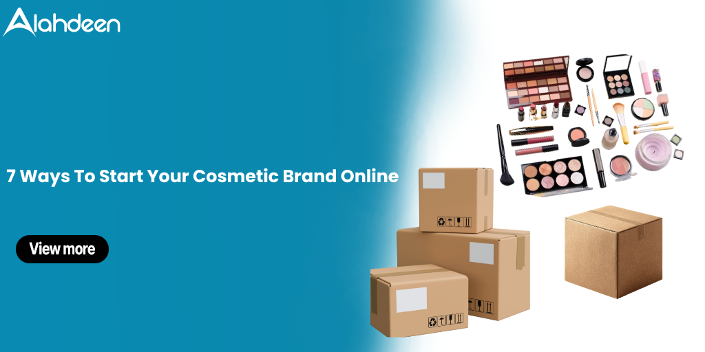 Guide to starting a cosmetic brand online with product packaging boxes and makeup essentials displayed.