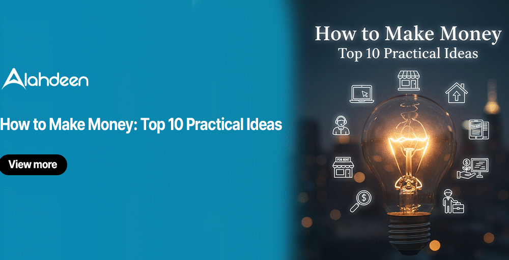How to Make Money: Top 10 Practical Ideas — creative visual featuring a glowing light bulb surrounded by income-related icons representing online business, real estate, freelancing, and investment ideas.