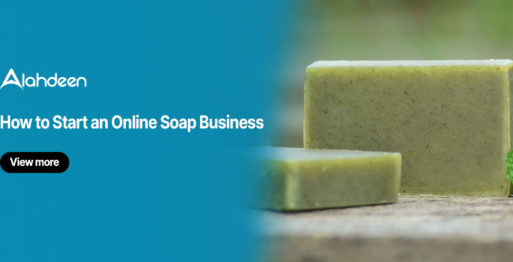 Natural handmade soap bars placed on a wooden surface, representing an online soap business guide by Alahdeen.
