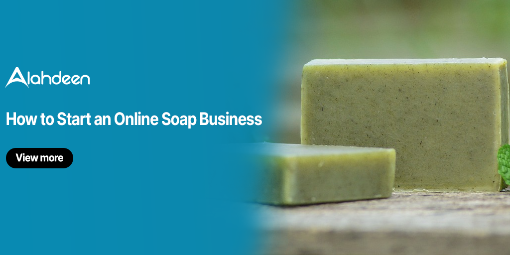 Natural handmade soap bars placed on a wooden surface, representing an online soap business guide by Alahdeen.