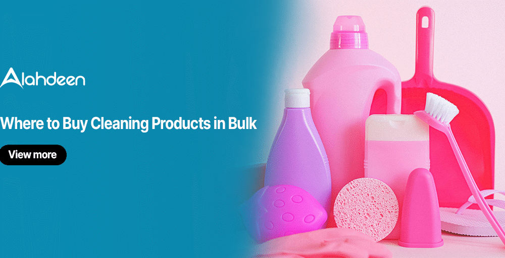 Bulk cleaning products including detergent, dishwashing liquid, soap, and scrubbing tools arranged together – representing where to buy cleaning products in bulk in Pakistan.