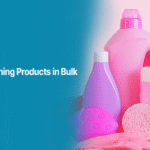 Bulk cleaning products including detergent, dishwashing liquid, soap, and scrubbing tools arranged together – representing where to buy cleaning products in bulk in Pakistan.