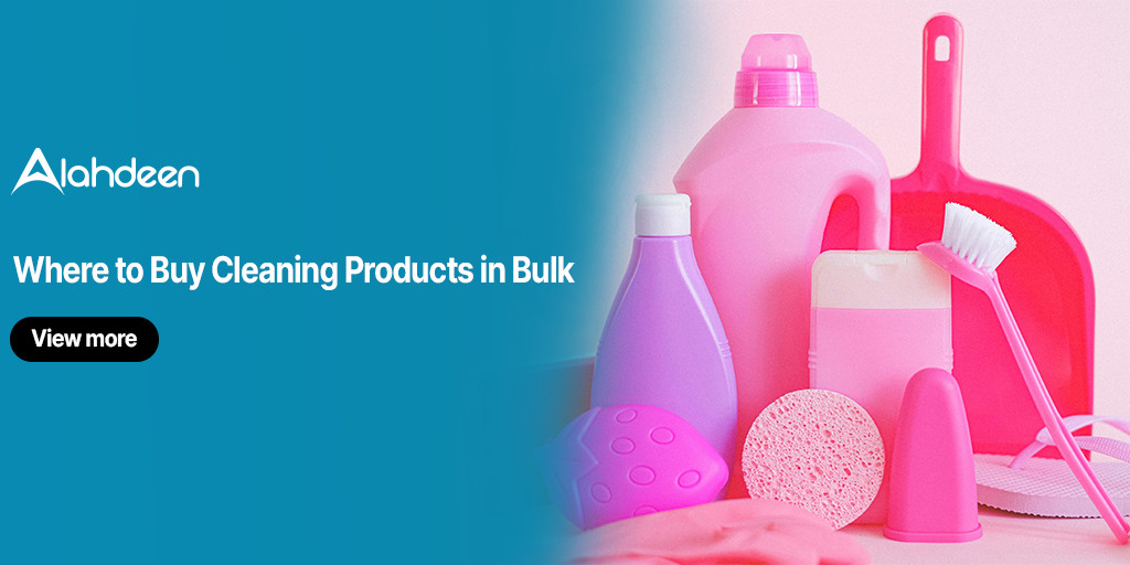 Bulk cleaning products including detergent, dishwashing liquid, soap, and scrubbing tools arranged together – representing where to buy cleaning products in bulk in Pakistan.