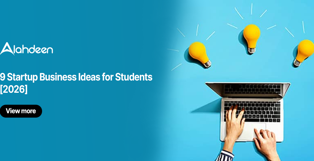 9 startup business ideas for students 2026 featuring a laptop and creative lightbulb icons