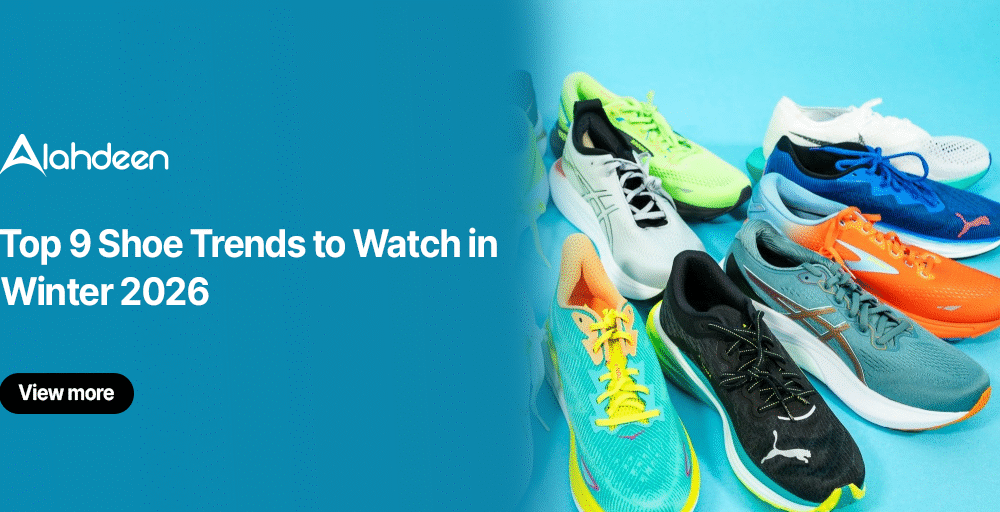 Assorted colorful athletic shoes displayed on a blue background, representing upcoming shoe trends for Winter 2026.