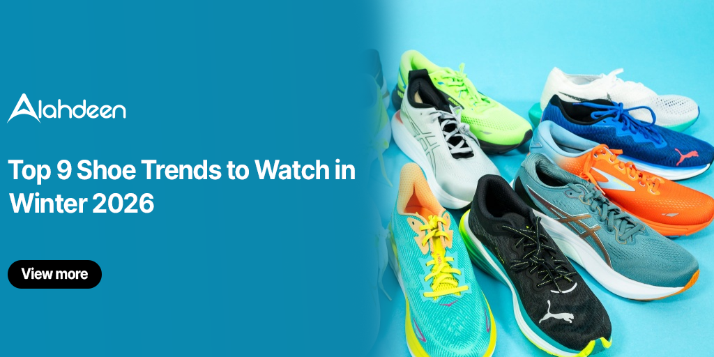 Assorted colorful athletic shoes displayed on a blue background, representing upcoming shoe trends for Winter 2026.